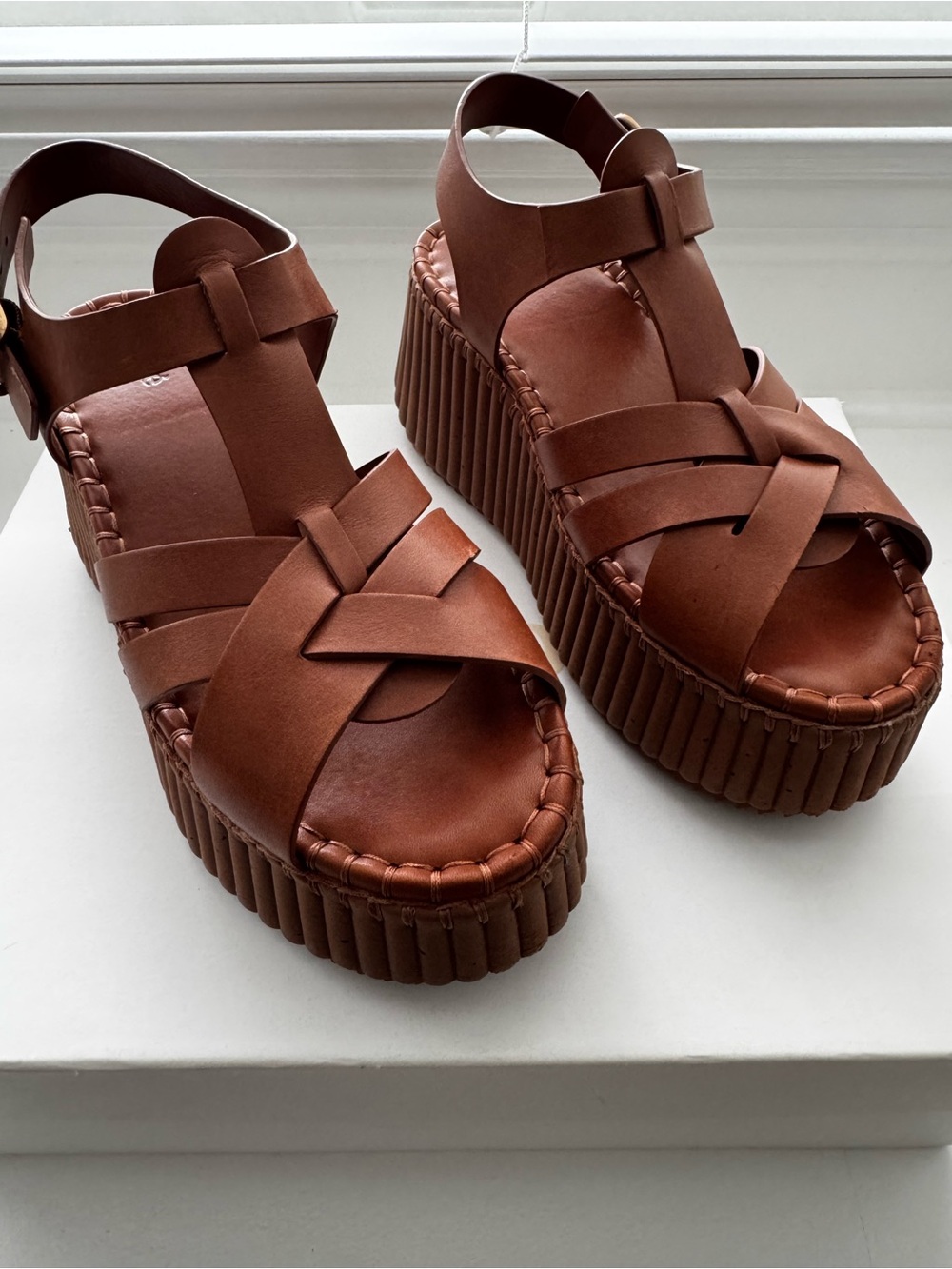 Chloé Brown Leather Platform Wedge Sandals